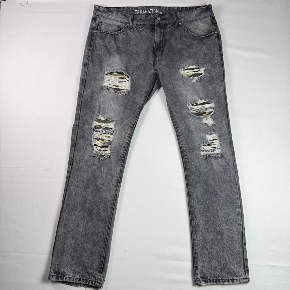 Trillnation Mens Gray Distressed Camo Underlay Acid Wash Straight Jeans 38x31